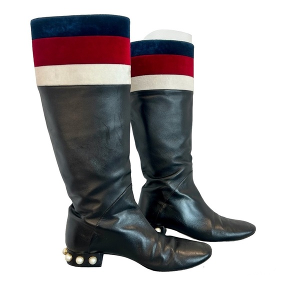 Gucci Shoes - GUCCI ‘Jem’ black leather faux Pearl red blue white velvet stripe riding boot 39